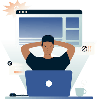 Laptop user person going online with ad blocker.