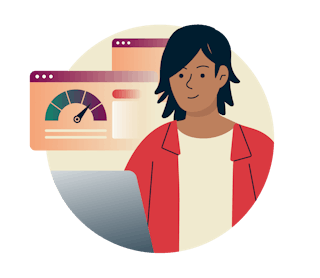 Person surrounded by screens with ratings.