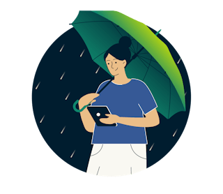 Person on phone in rain with umbrella.