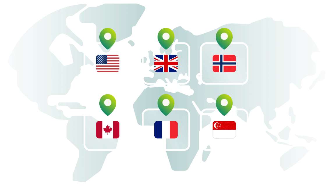 World map with country flags of the dedicated IP locations we offer